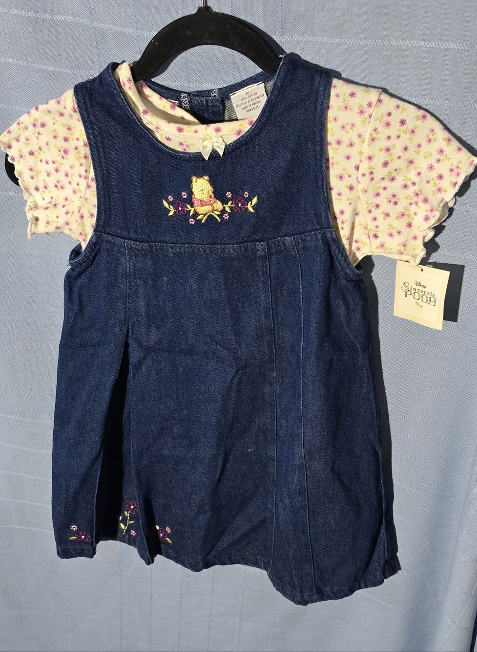Disney Sincerely Pooh Girls' Blue Denim Jumper with Cream Floral Tee